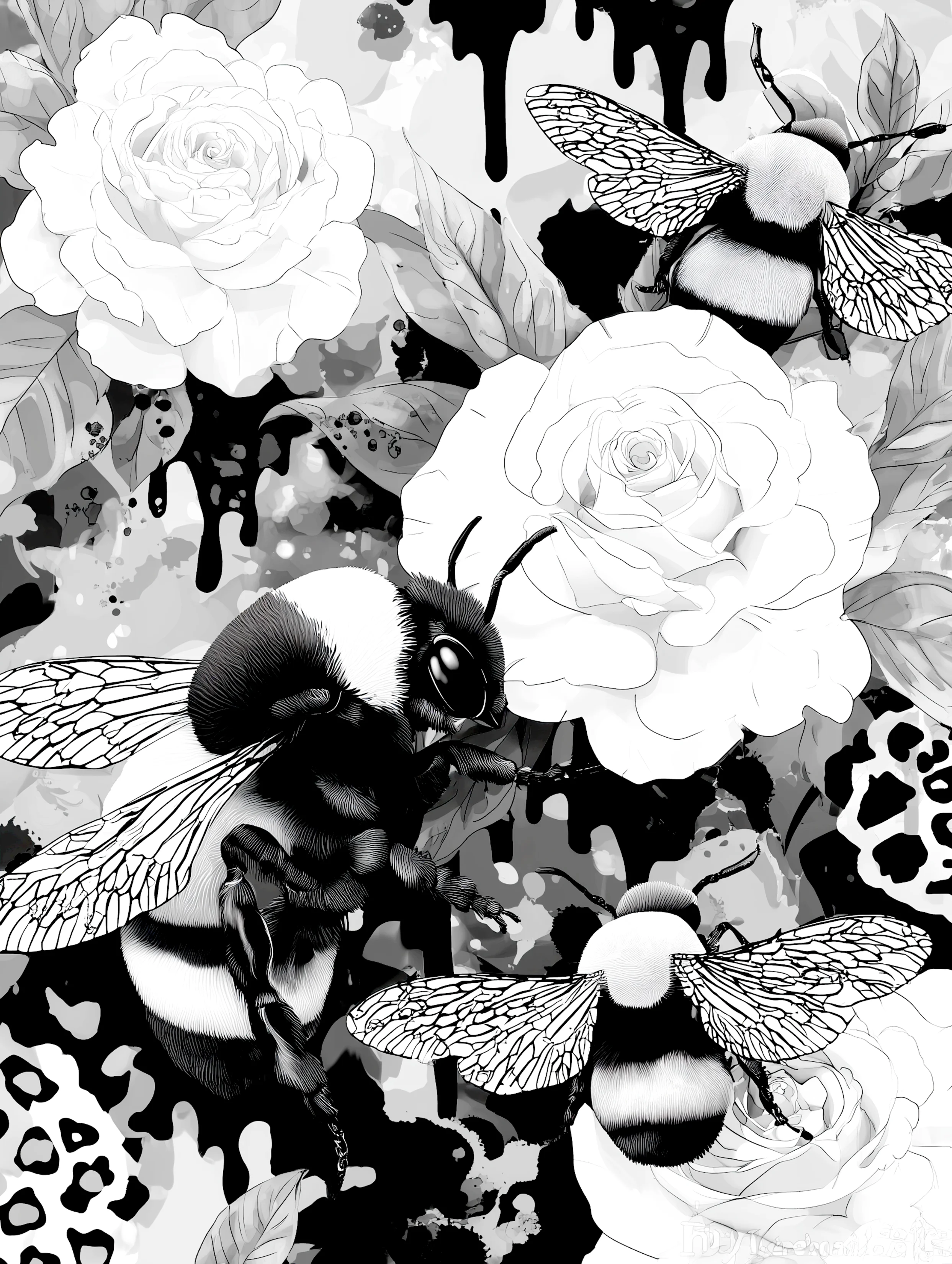 Free printable bee coloring page for adults featuring harvesting bees